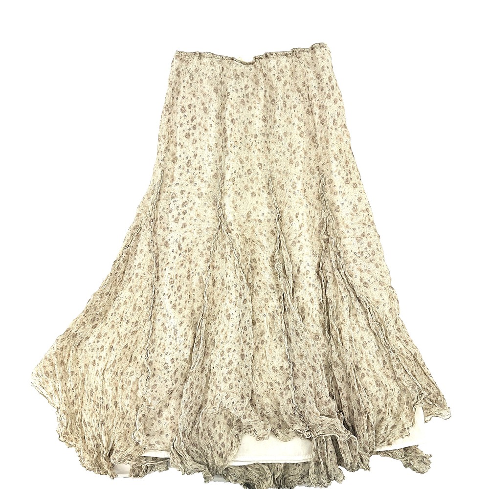 Precis Petite Vintage Silk Floral Midi Skirt Taupe Ruffle Boho Y2K Cottagecore